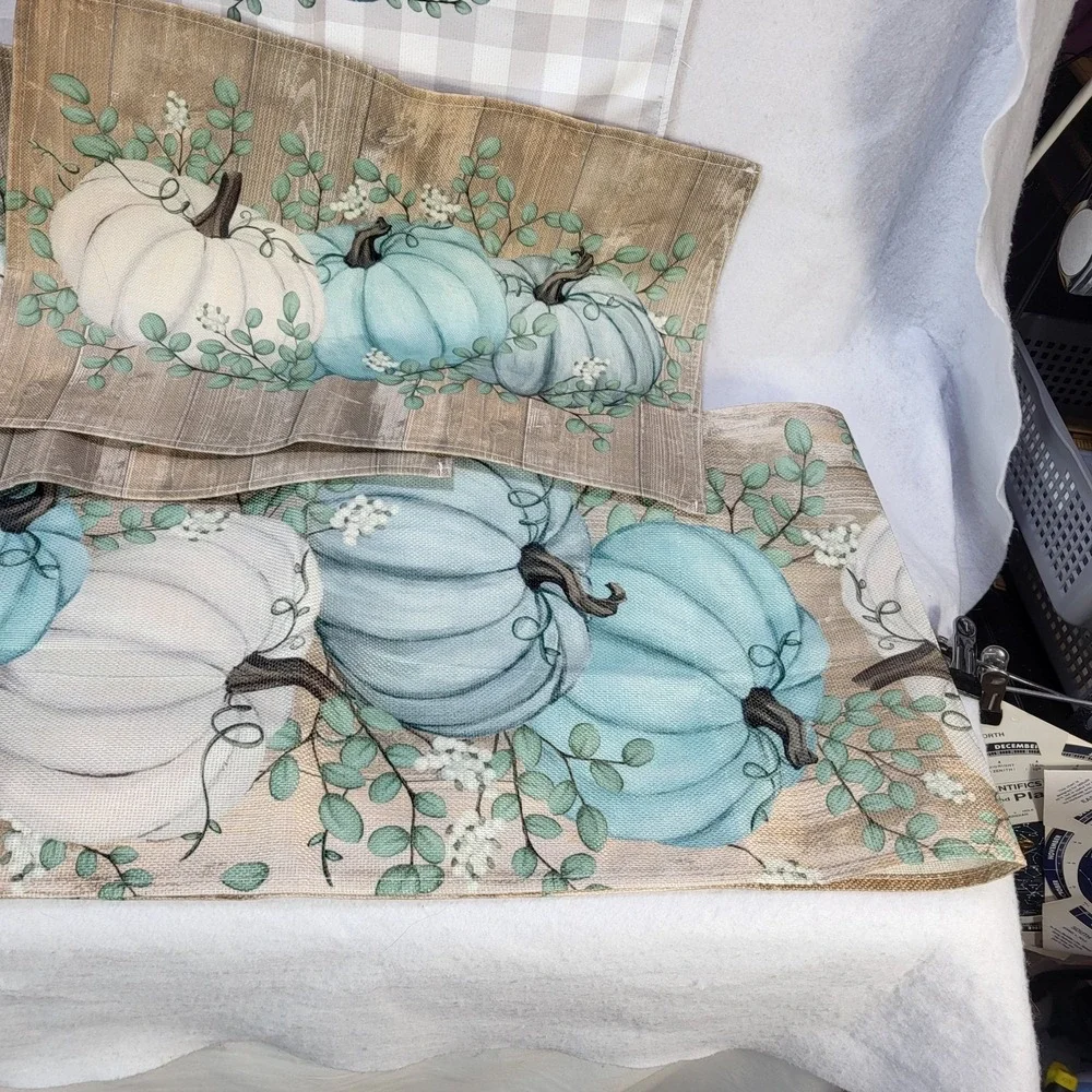 Pumpkin Kitchen Placemats Towel Set Table Runner Blue White Farmhouse Fall Decor